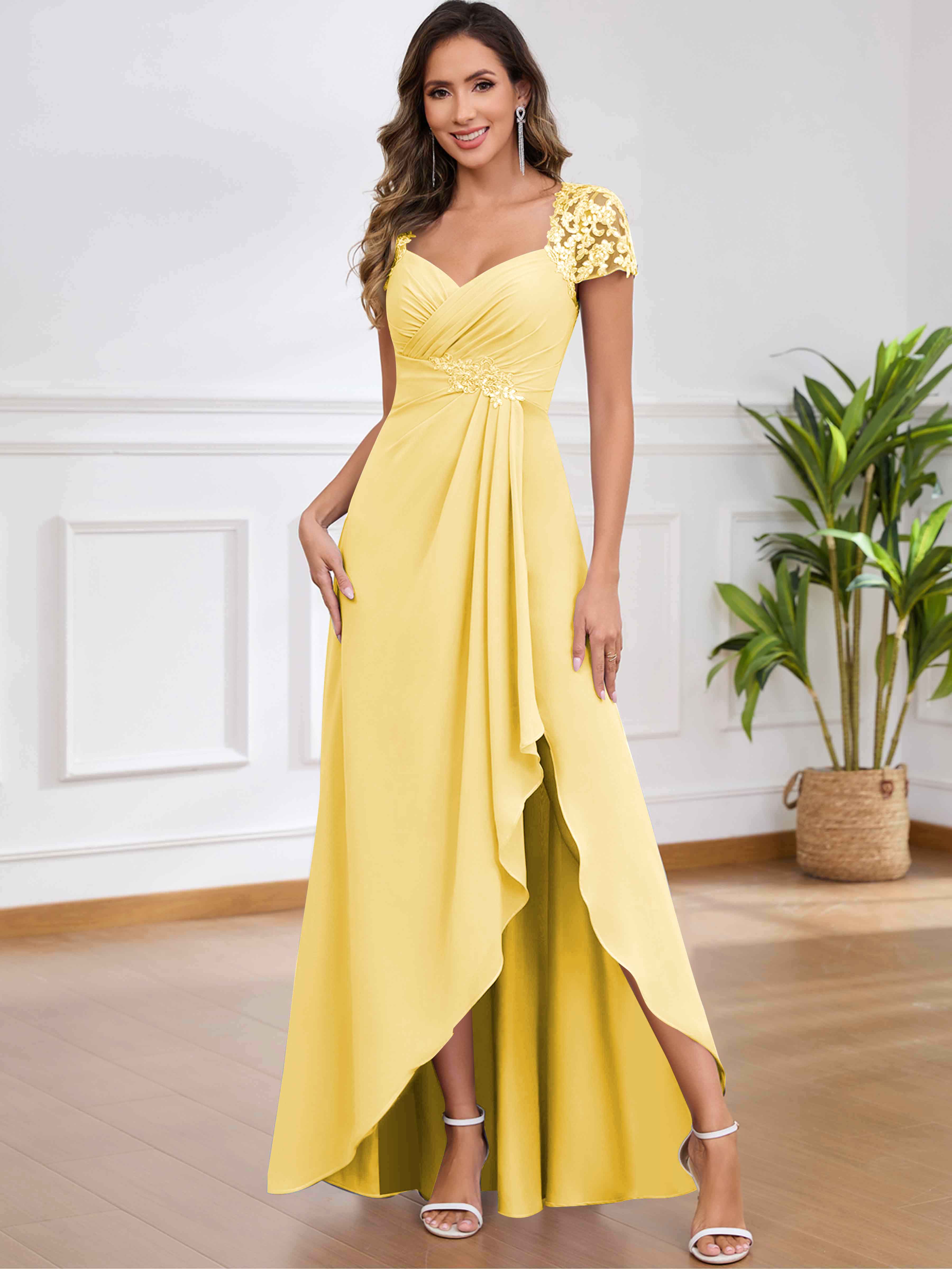 ROVDESY A-Line Pleated Lace Sequin Ruffle Chiffon Mother Of The Bride Dress With Slit