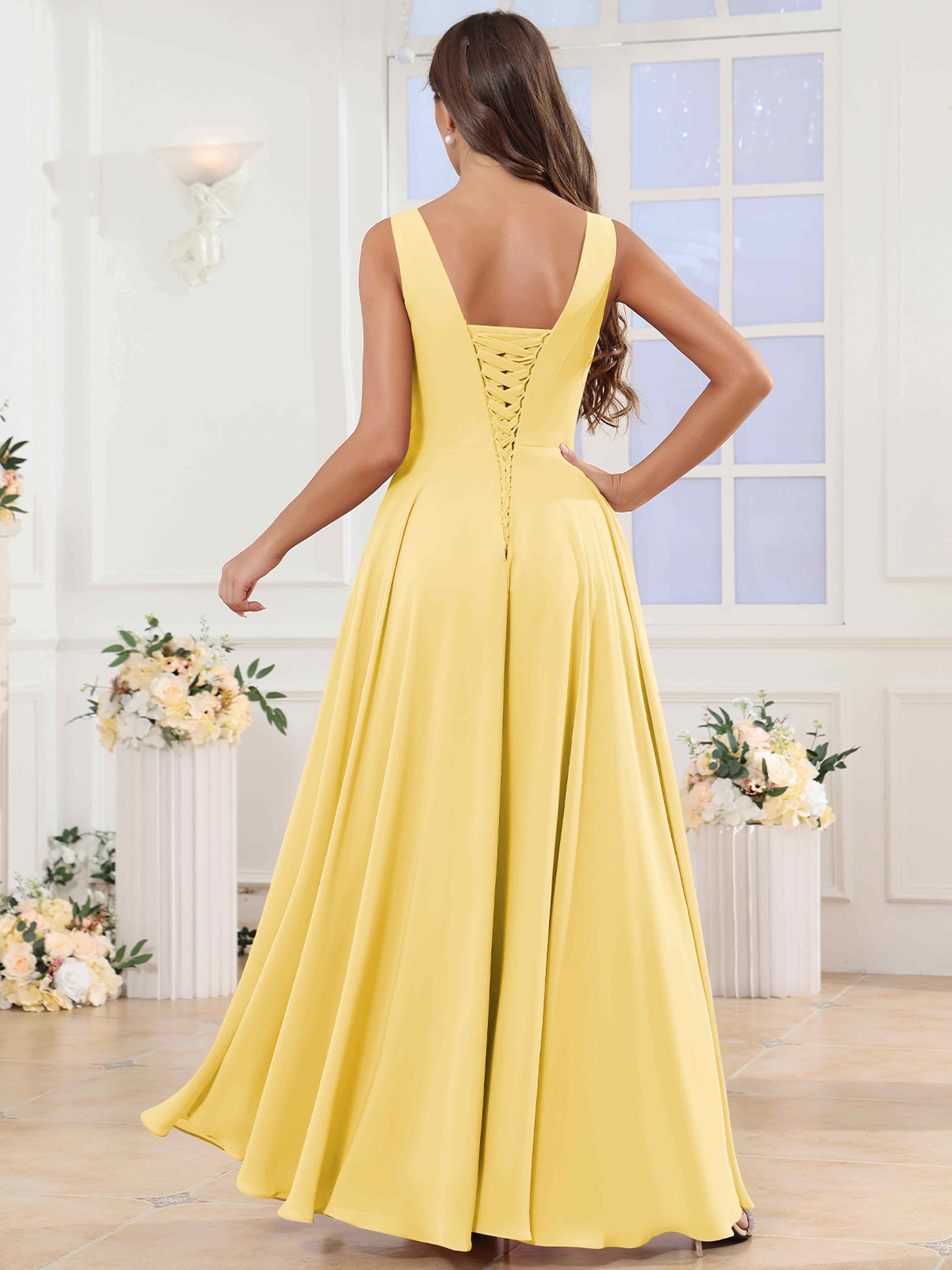 ROVDESY V-Neck Pleated Sleeveless Ruffle Chiffon Bridesmaid Dress With Slit