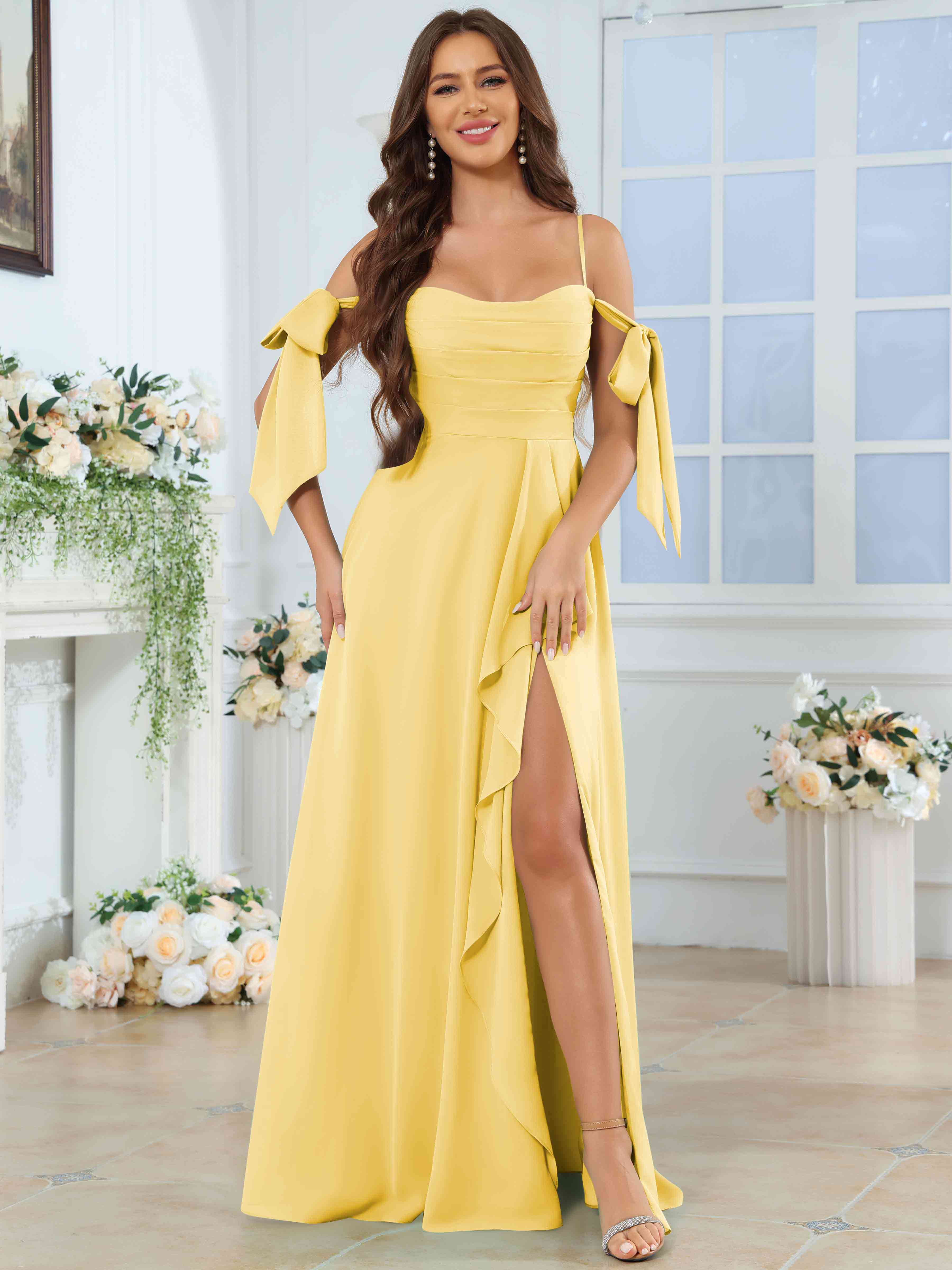 ROVDESY Spaghetti Strap Pleated Ruffle Slit Chiffon Bridesmaid Dress With Bow Sleeves