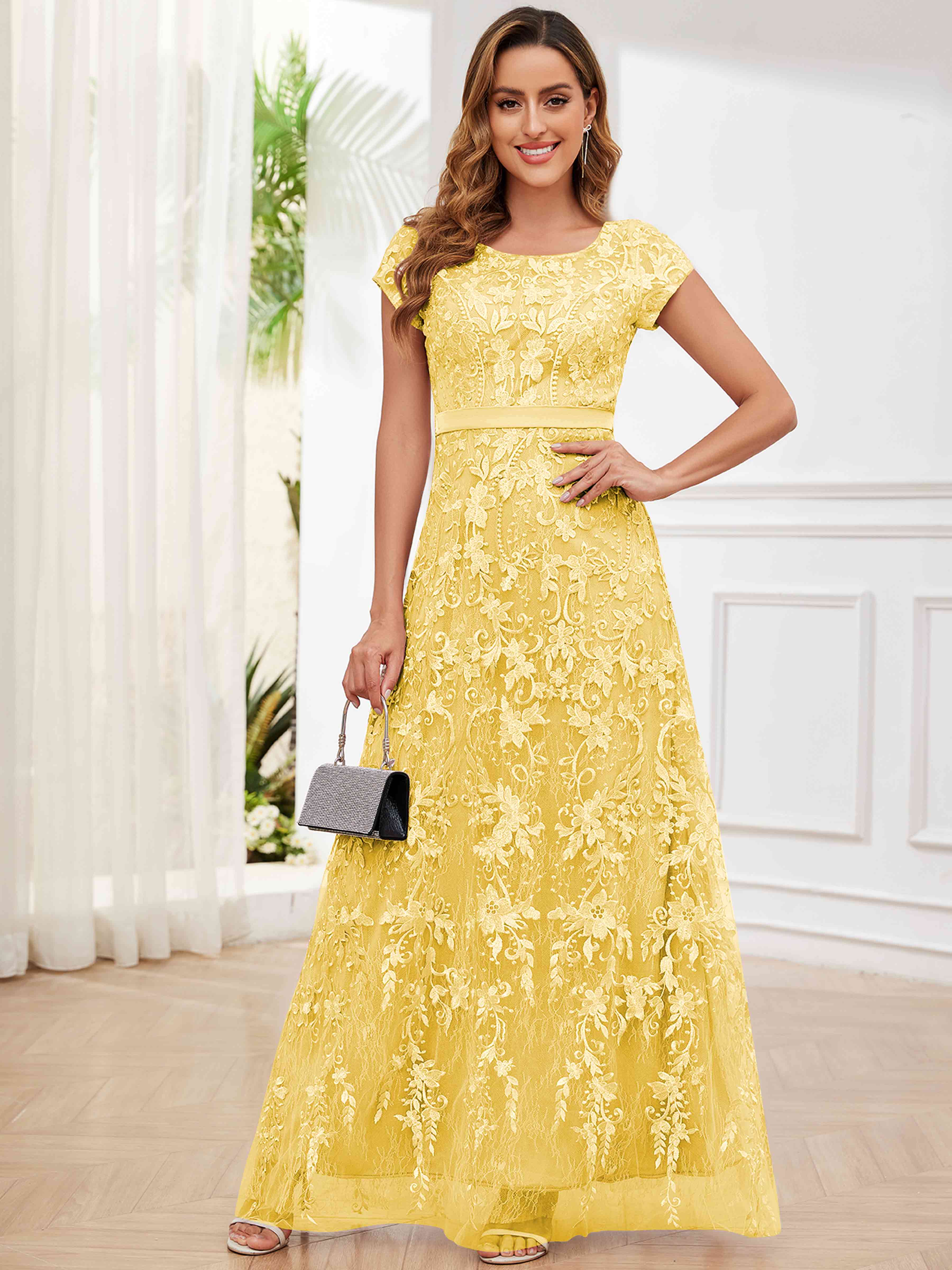 ROVDESY Elegant Lace Mother Of The Bride Dress With Short Sleeves Formal Gown