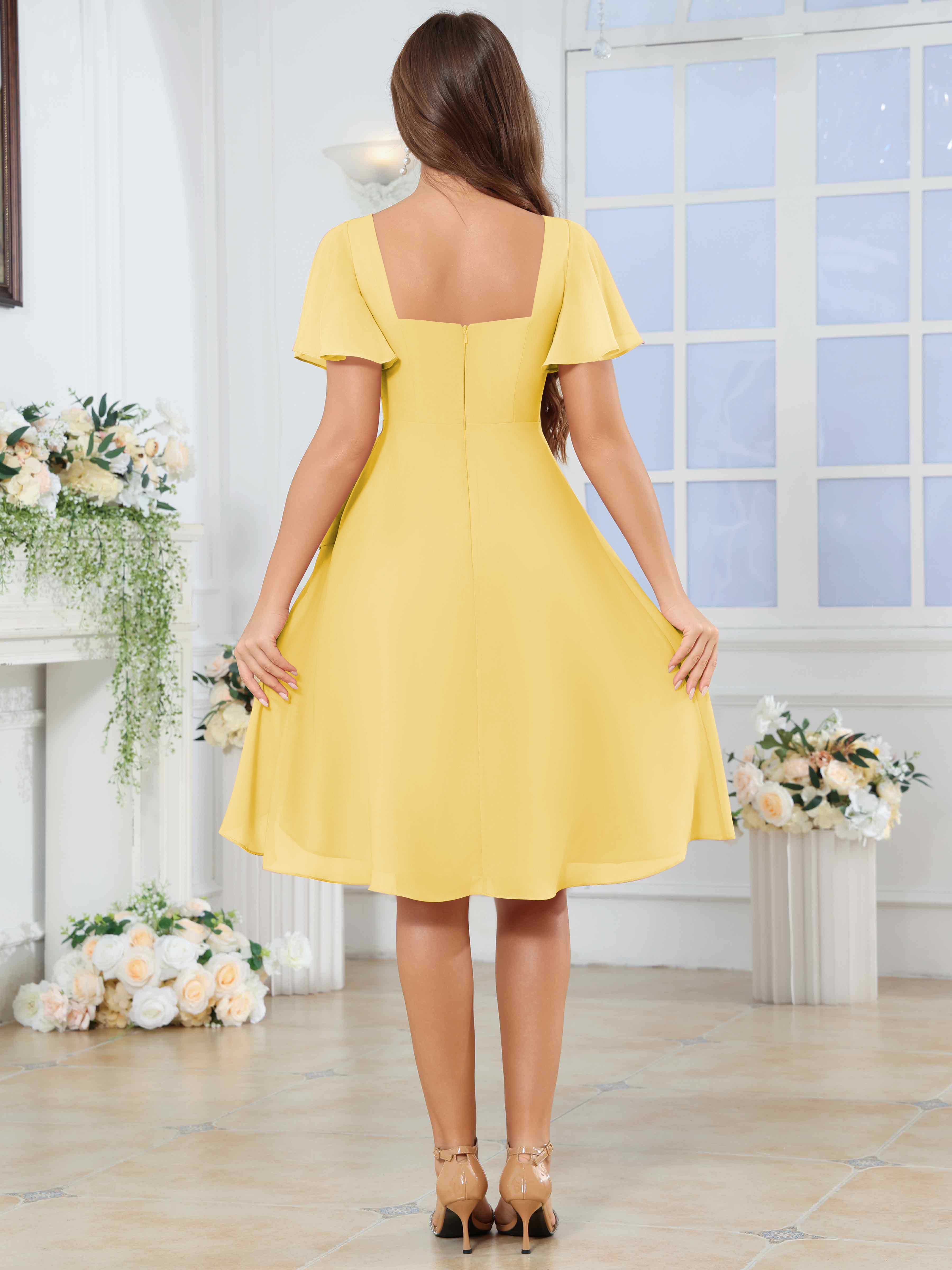ROVDESY Knee Length V-Neck Pleated Chiffon Bridesmaid Dress With Short Sleeves