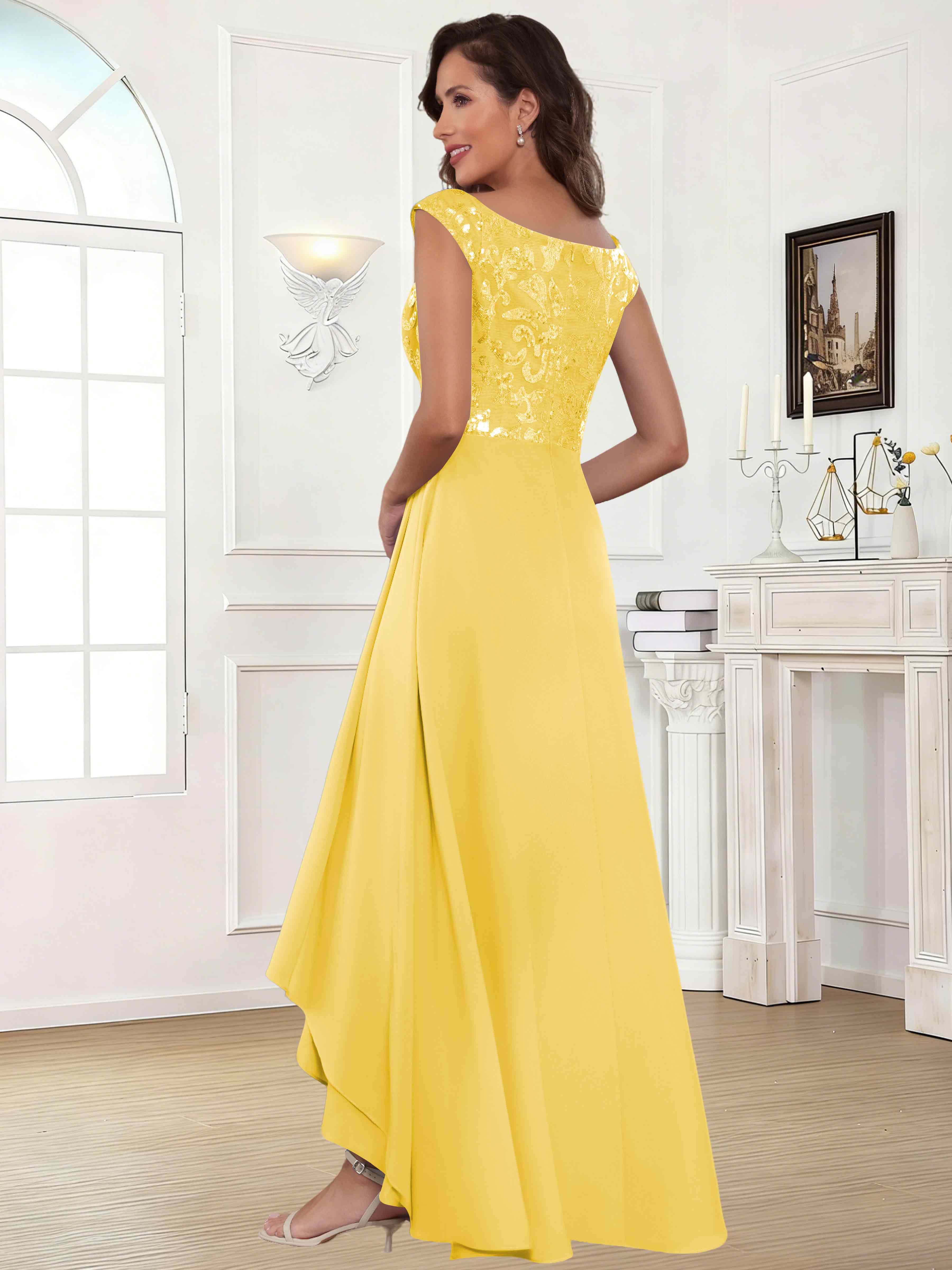 ROVDESY Tea Length Off-The-Shoulder Sequin Chiffon Mother Of The Bride Dress